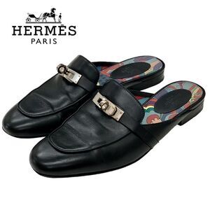 Hermes Oz Flat Shoes Slipper Sandals Mule Shoes Kelly Hardware Leather Black